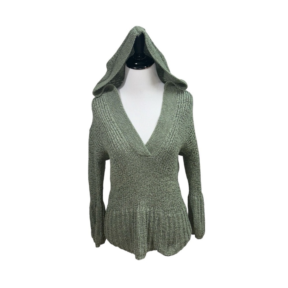 Axcess Liz Claiborne M Medium Knit Sweater Hooded V-Neckline 3/4 Sleeves Green